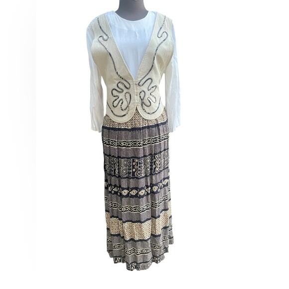 Vtg 90s Cottagecore Embroidered Vest Crinkled Skirt Maxi Dress 16 Artsy Boho - Picture 3 of 8